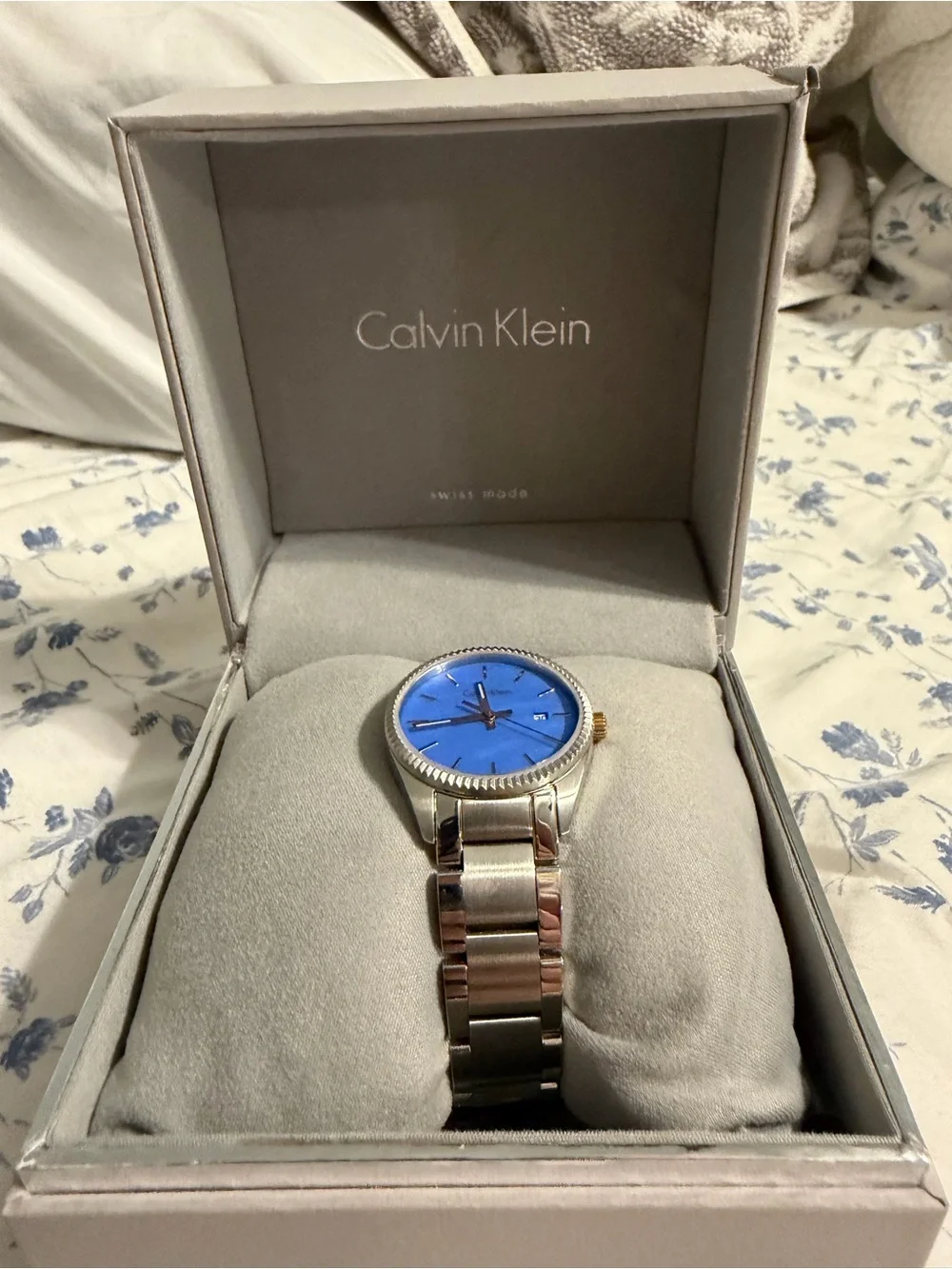 Calvin Klein Silver Stainless Steel Watch with Blue Dial